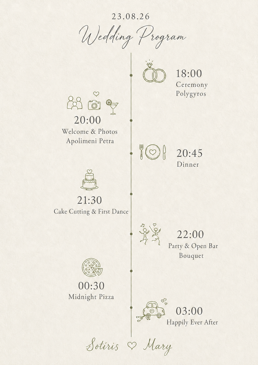 Wedding schedule — August 23, 2026
